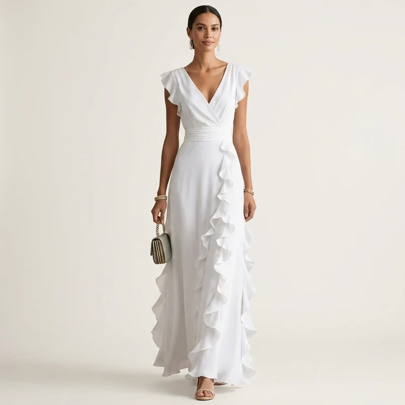 Nellyana | V-Neck Crossover Maxi Dress with Butterfly Sleeves and Tiered Ruffles