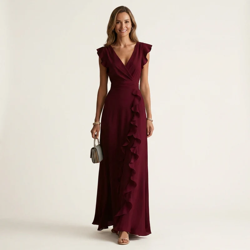 Nellyana | V-Neck Crossover Maxi Dress with Butterfly Sleeves and Tiered Ruffles