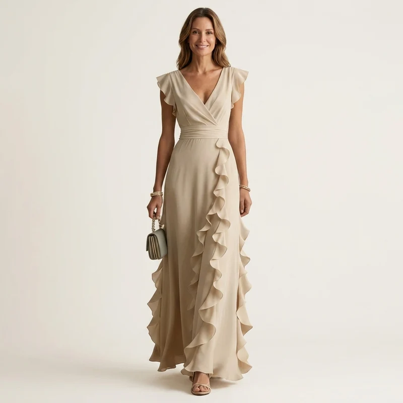 Nellyana | V-Neck Crossover Maxi Dress with Butterfly Sleeves and Tiered Ruffles