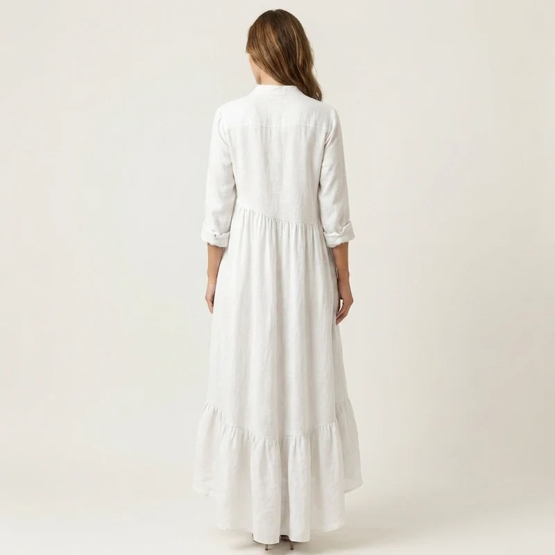 Jilana | Mandarin Collar Button-Down Ruffle Hem Maxi Dress