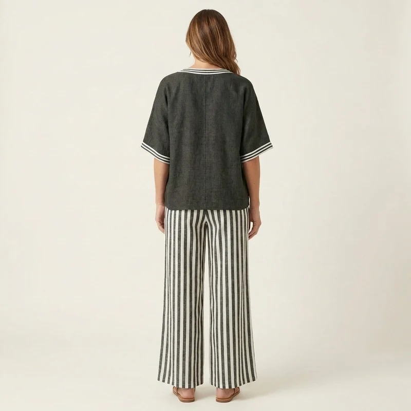 Juliana | Varsity V-Neck Top and Striped Wide-Leg Pants Set