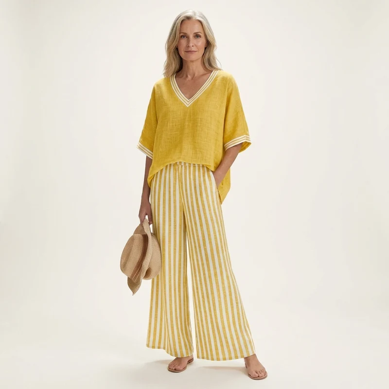 Juliana | Varsity V-Neck Top and Striped Wide-Leg Pants Set