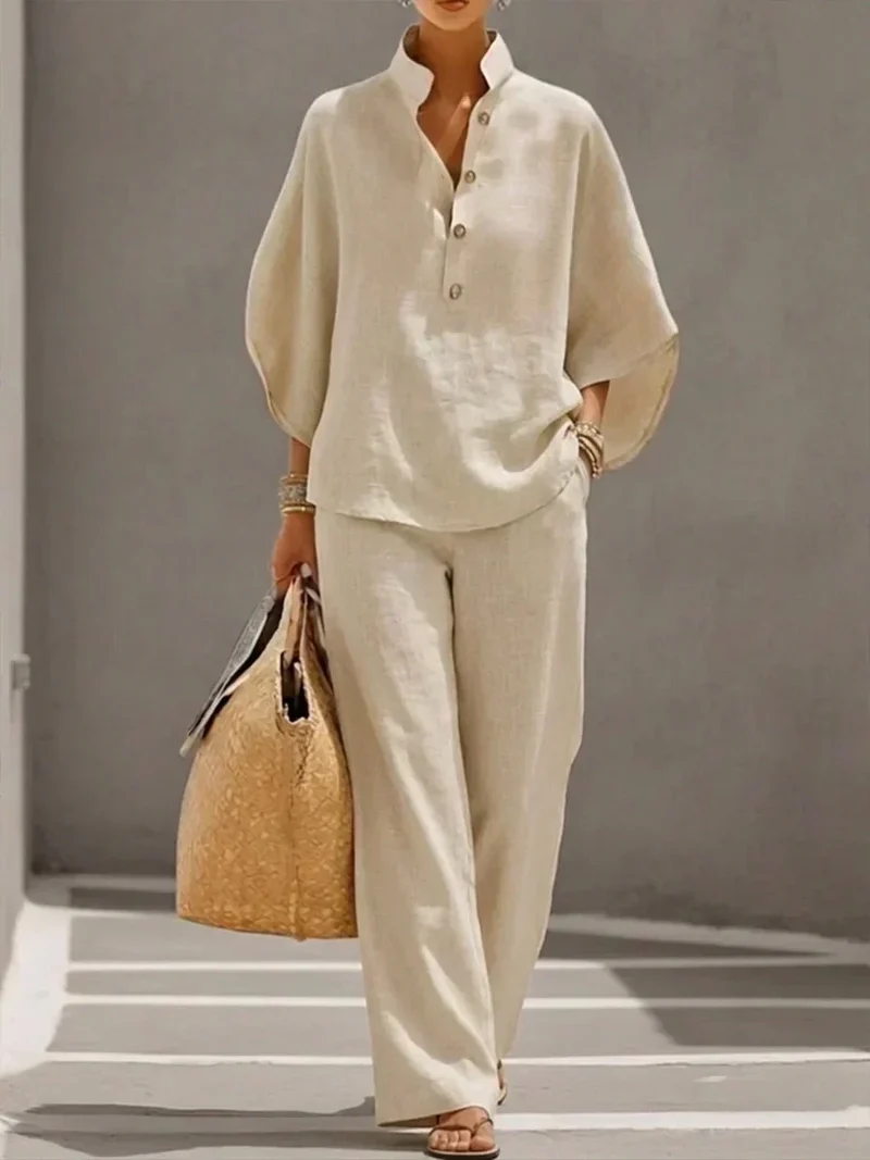 Sophiena | Linen Set with Batwing Sleeves and Wide-Leg Trousers
