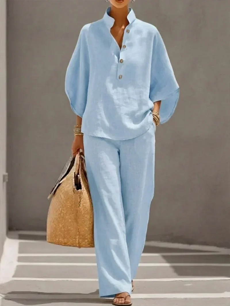 Sophiena | Linen Set with Batwing Sleeves and Wide-Leg Trousers