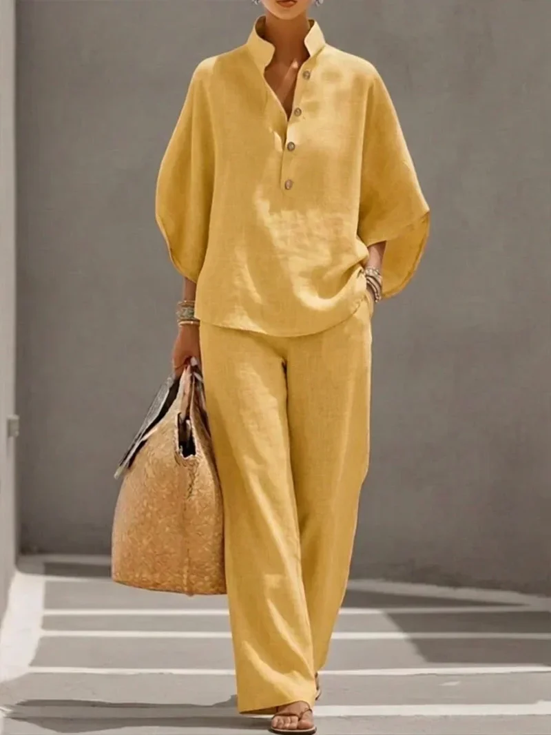 Sophiena | Linen Set with Batwing Sleeves and Wide-Leg Trousers