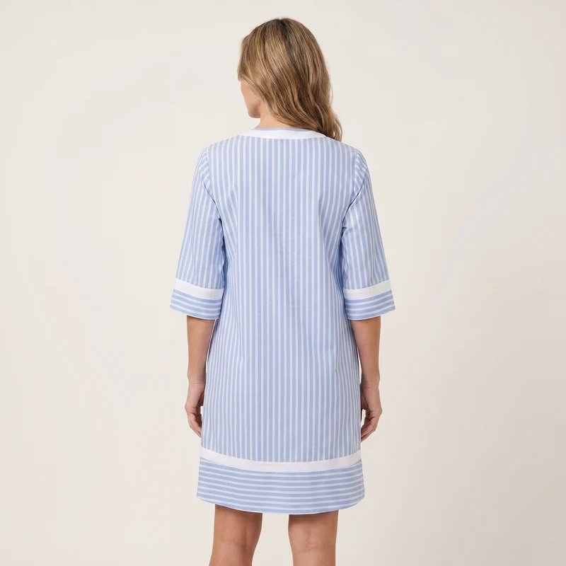 Sanina | Striped Cotton V-Neck Straight Dress with Contrast Trims
