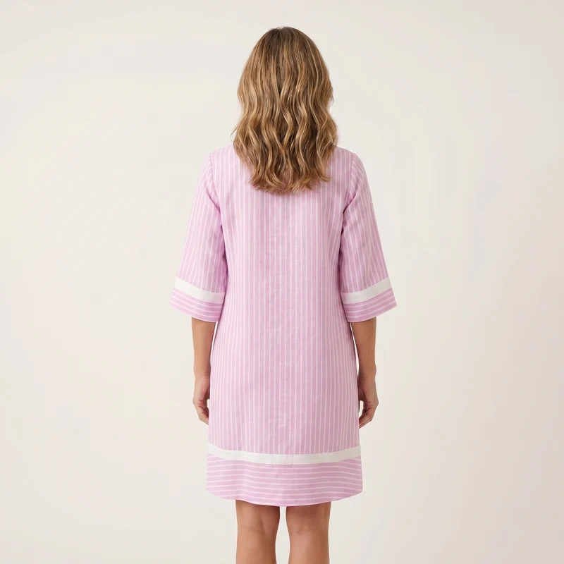 Sanina | Striped Cotton V-Neck Straight Dress with Contrast Trims