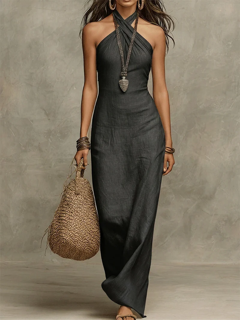 Avelina | Voluminous cotton and linen long dress, halter neck