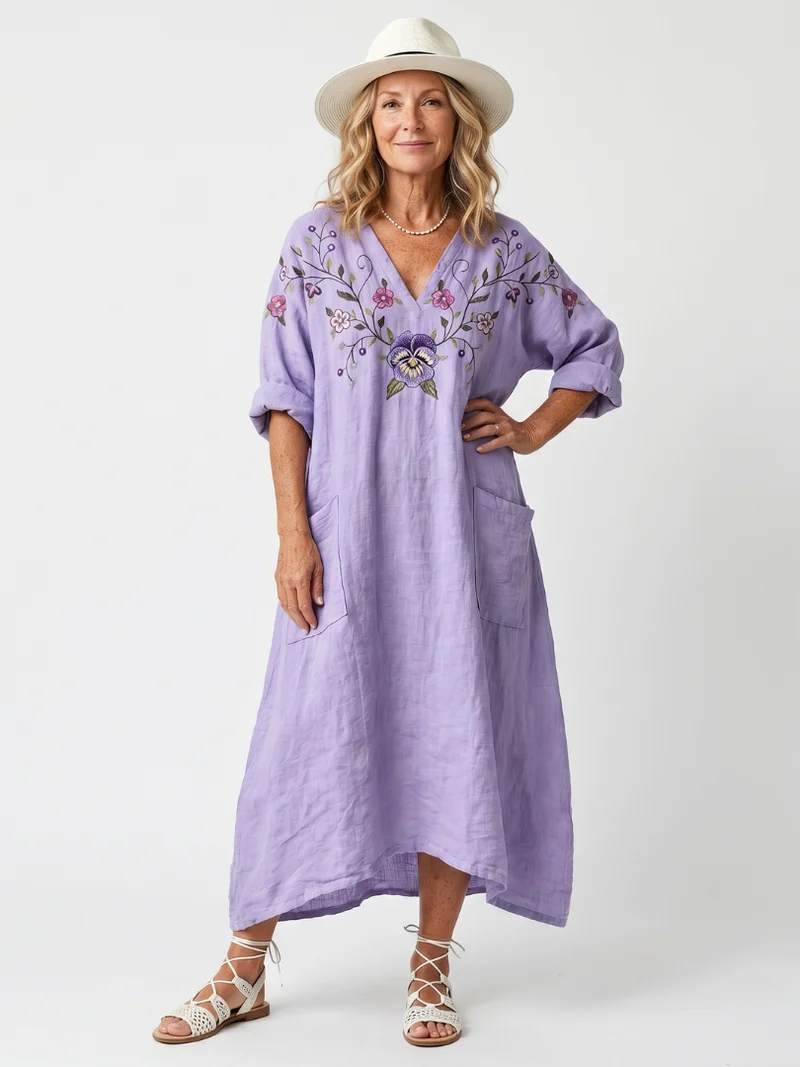 Tavi | Oversized Embroidered Floral Midi Dress with Pockets