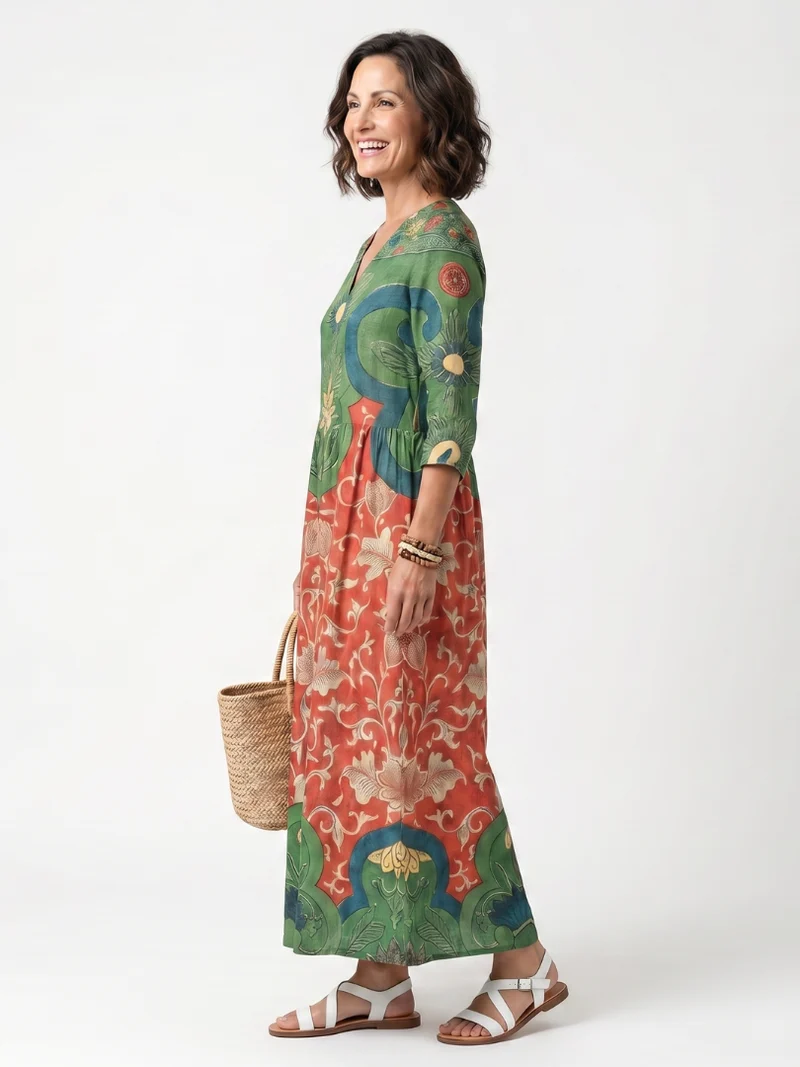 Sloane | Mixed Print V-Neck Midi Dress with Pockets