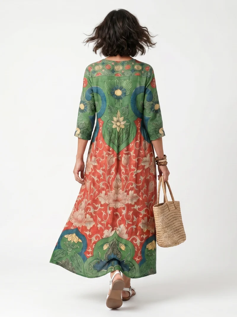 Sloane | Mixed Print V-Neck Midi Dress with Pockets