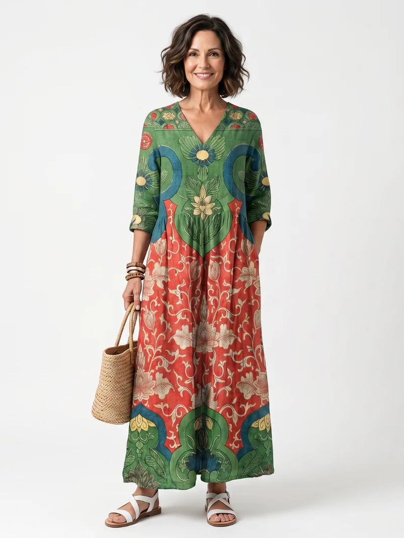 Sloane | Mixed Print V-Neck Midi Dress with Pockets
