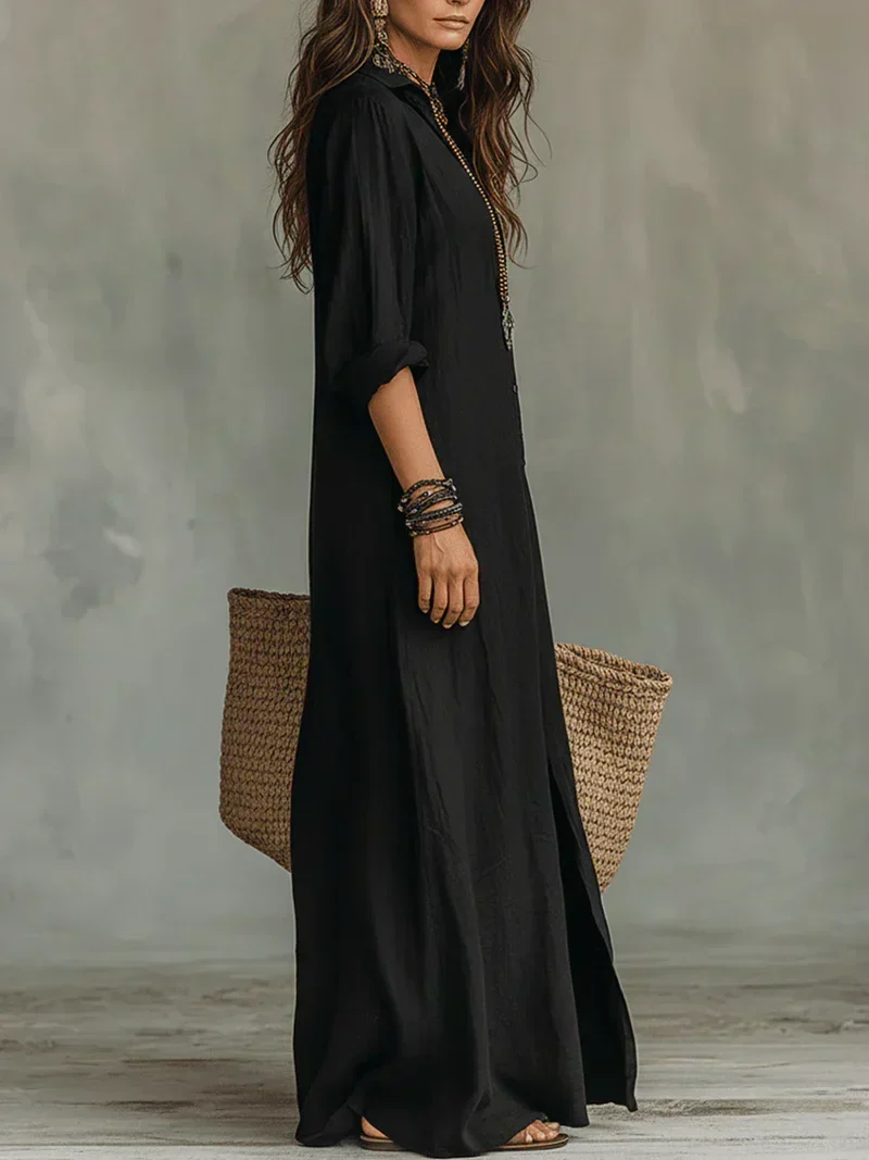 Célinnela | Loose Black Button-Down Maxi Dress