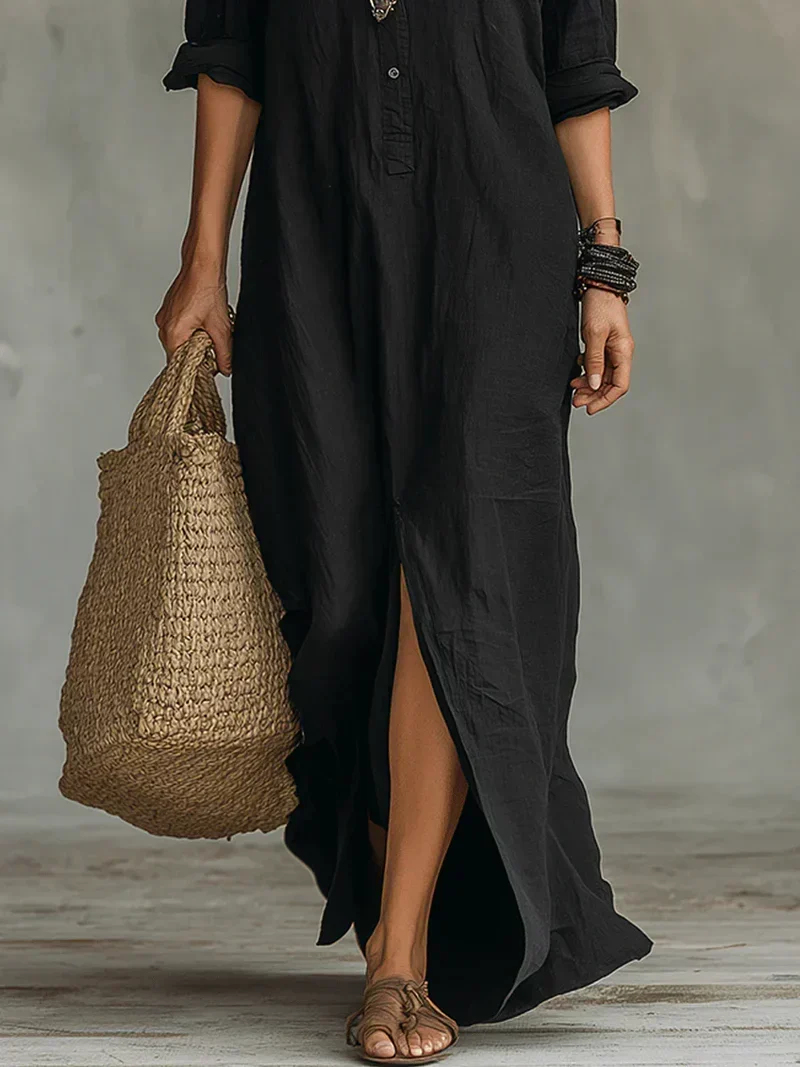 Célinnela | Loose Black Button-Down Maxi Dress