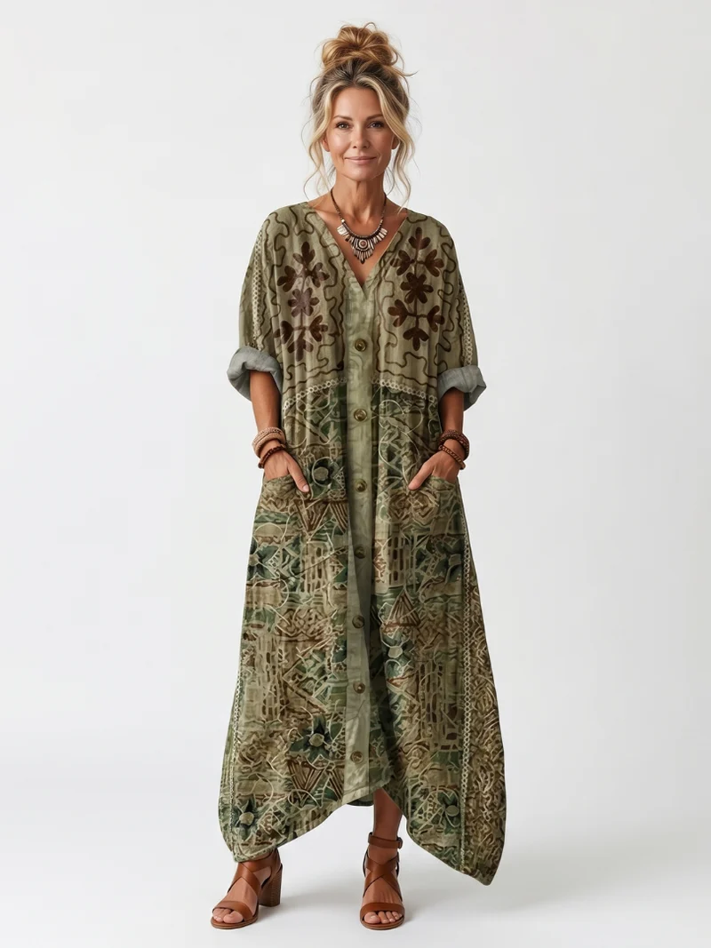 Aletea | Oversized Embroidered Button-Up Midi Dress with Pockets