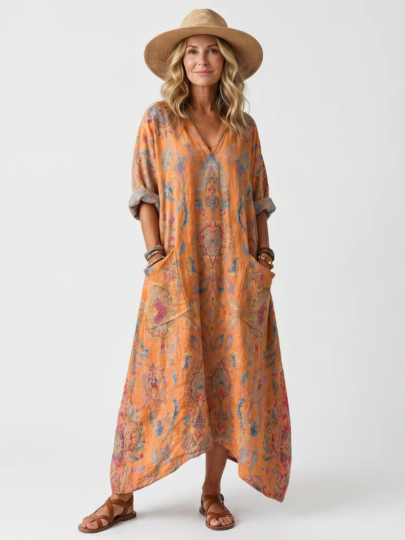 Remina | Printed Oversized Midi Dress with Notched Neckline and Pockets