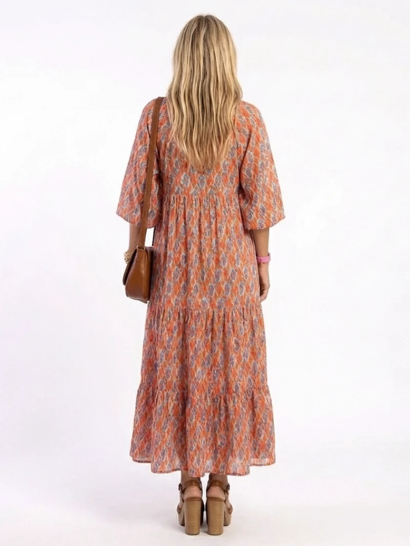 Amaroa | Geometric Print V-Neck Ruffle Midi Dress