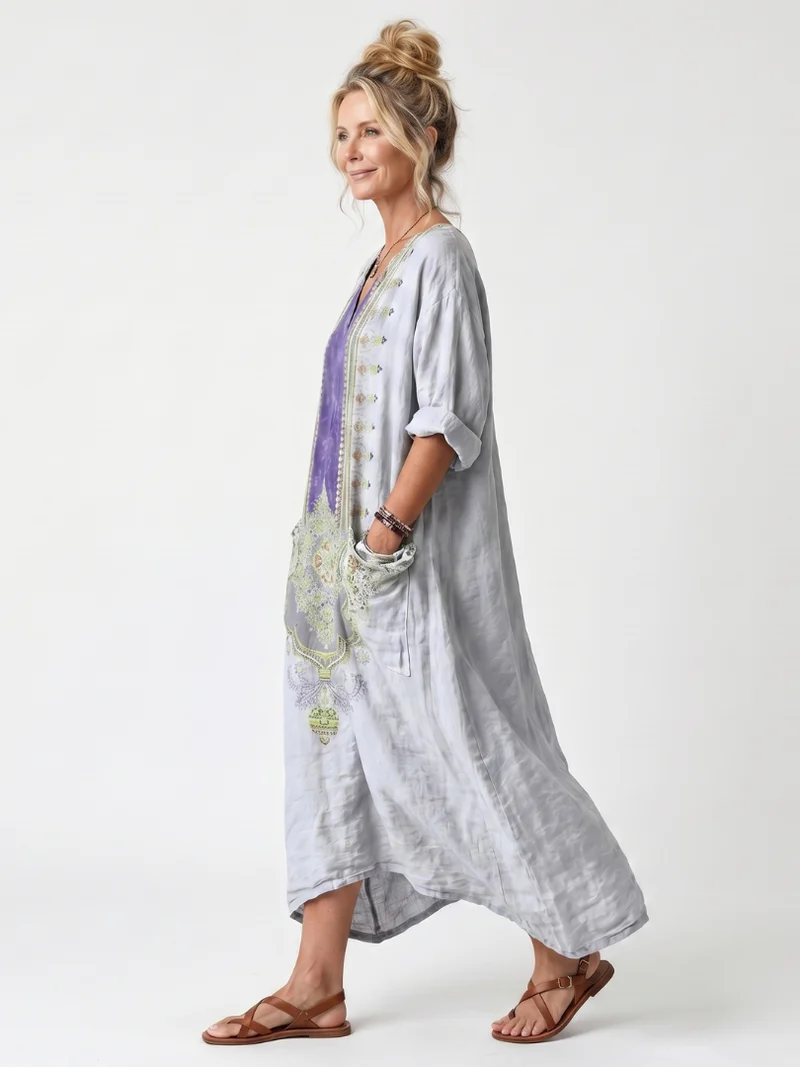 Raina | Embroidered Contrast Panel Oversized Midi Dress with Pockets