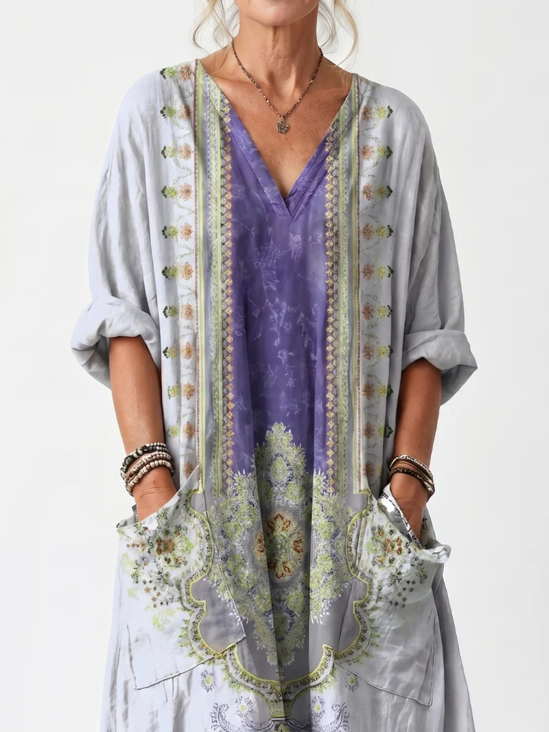Raina | Embroidered Contrast Panel Oversized Midi Dress with Pockets