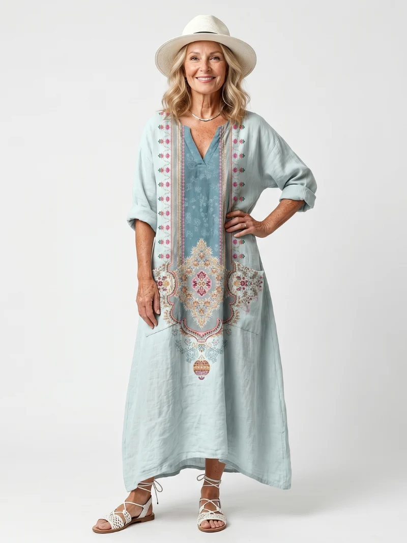 Kassiani | Oversized Midi Dress with Ornate Embroidered Panel and Pockets