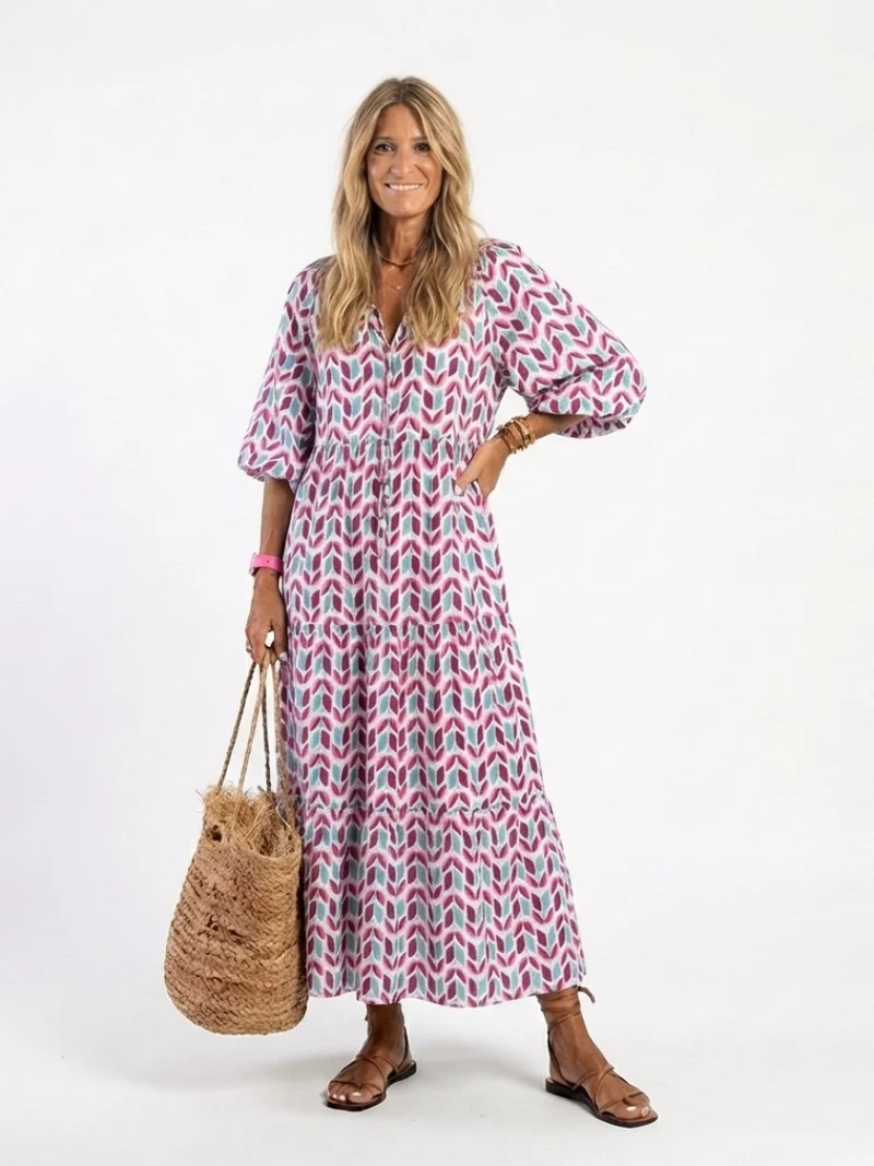 Mileya | Geometric Print Ruffle Long Sleeve Midi Dress