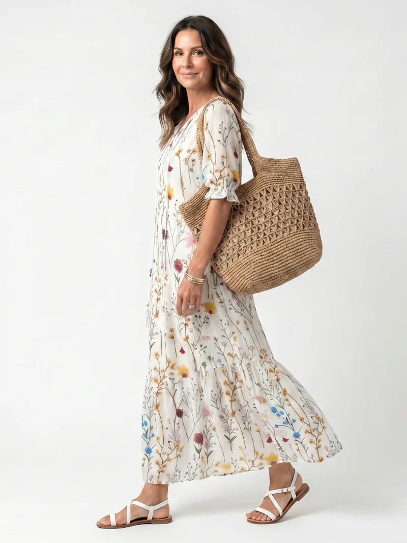 Sylviene | Botanical Print Midi Dress with Pom-Poms