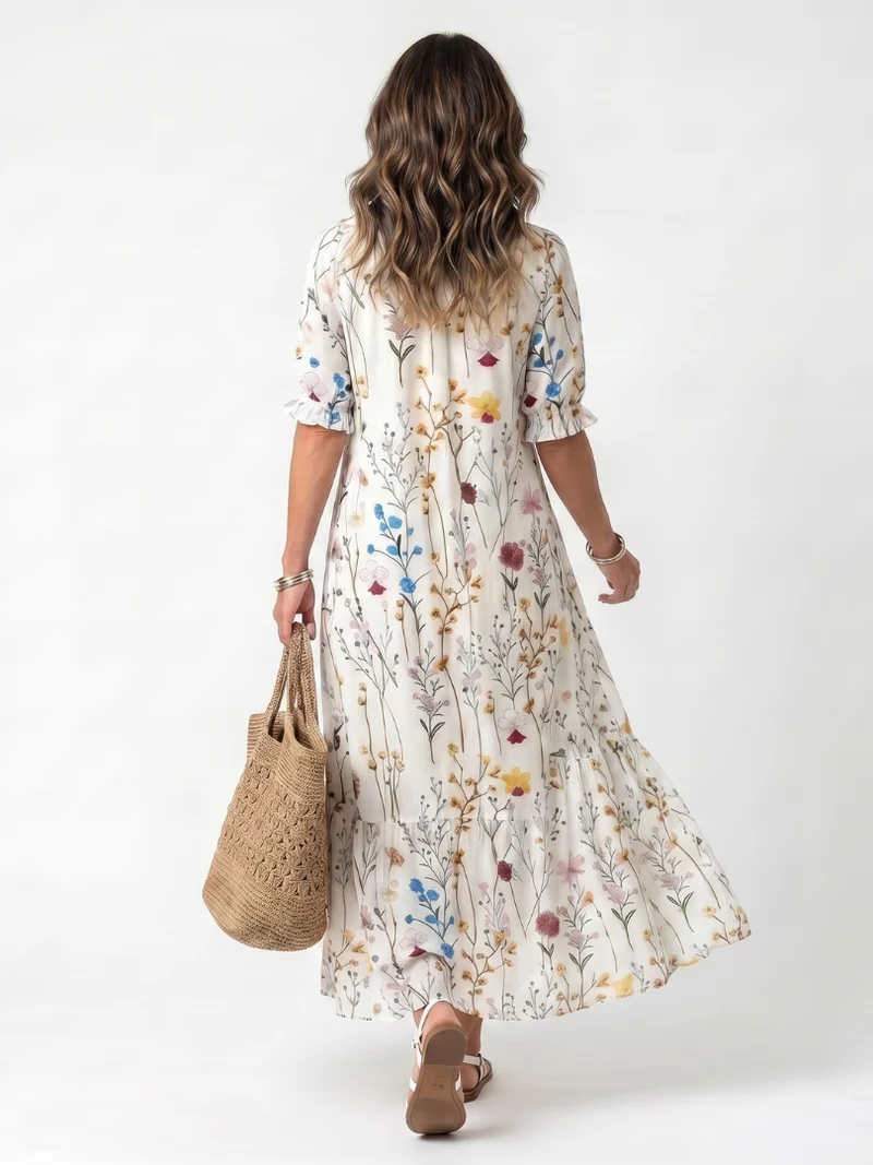 Sylviene | Botanical Print Midi Dress with Pom-Poms
