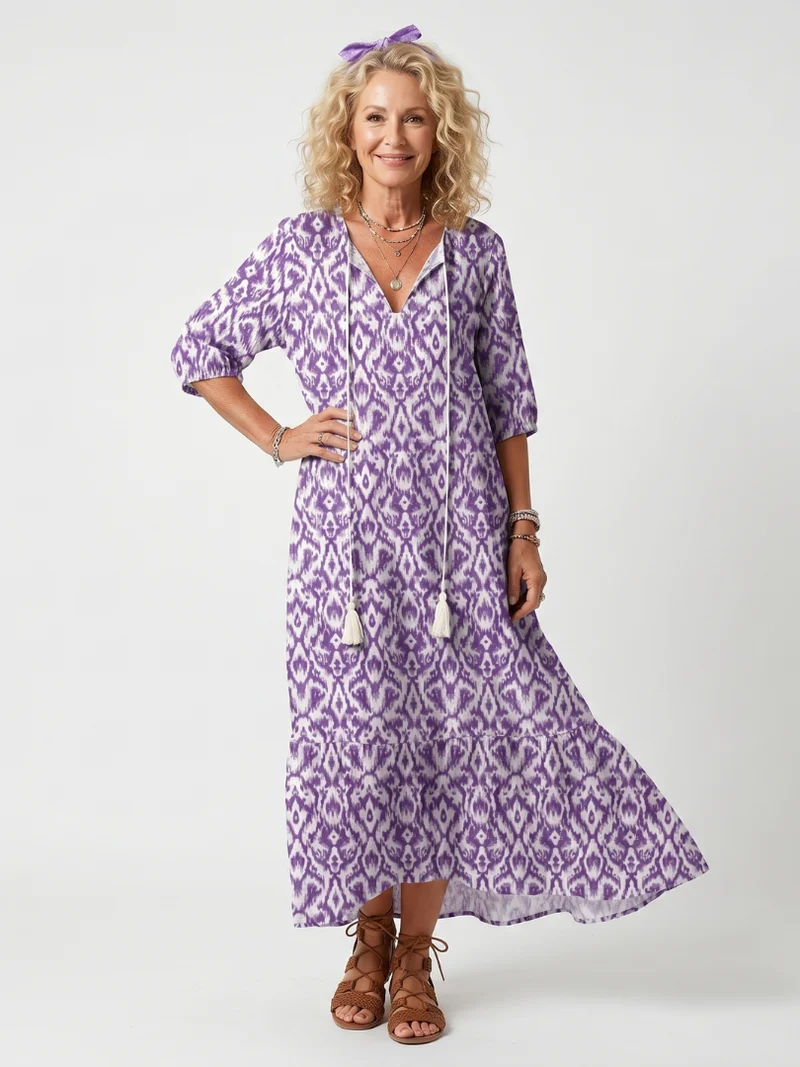 Pescela | Printed Midi Dress with Pom-Poms