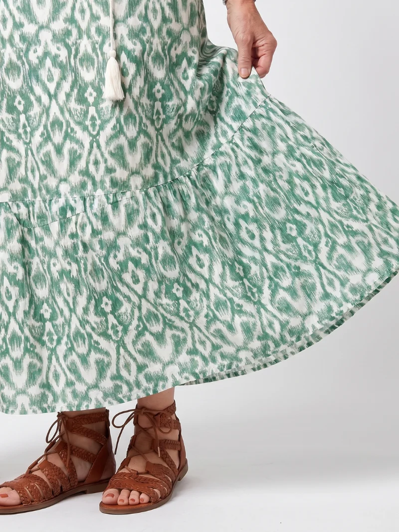 Ilaira | Patterned V-Neck Midi Dress with Tassels