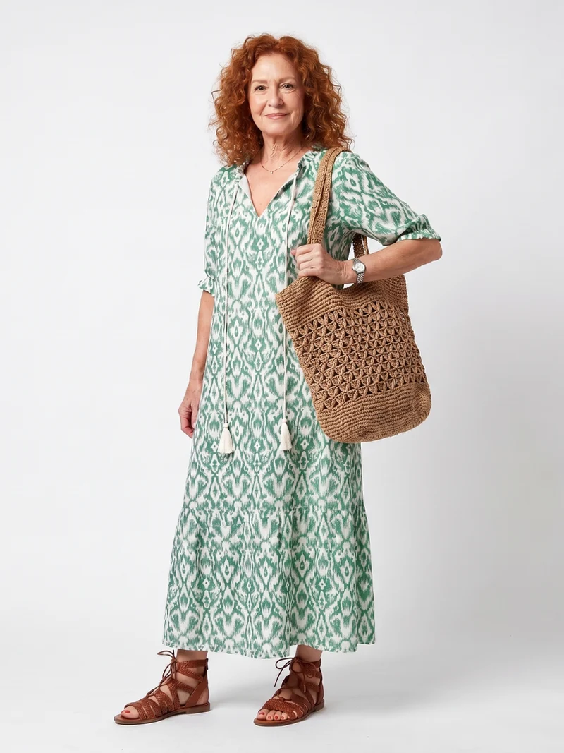 Ilaira | Patterned V-Neck Midi Dress with Tassels
