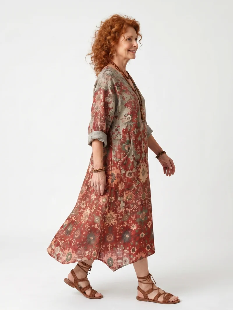 Saffron | Mixed Print Oversized Midi Dress with Pockets