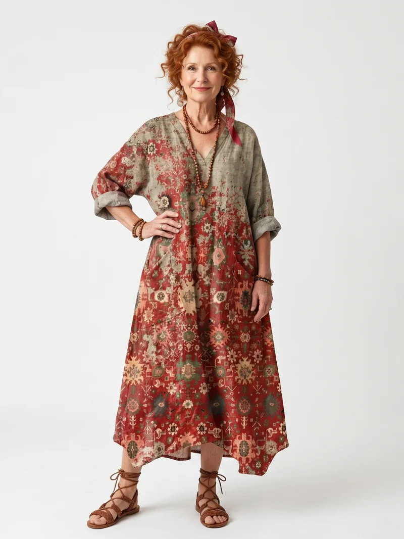 Saffron | Mixed Print Oversized Midi Dress with Pockets