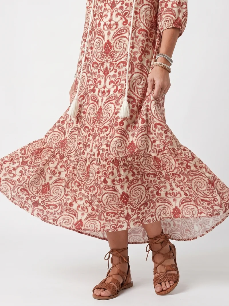 Noelle | Tasseled Embellished Print Midi Dress