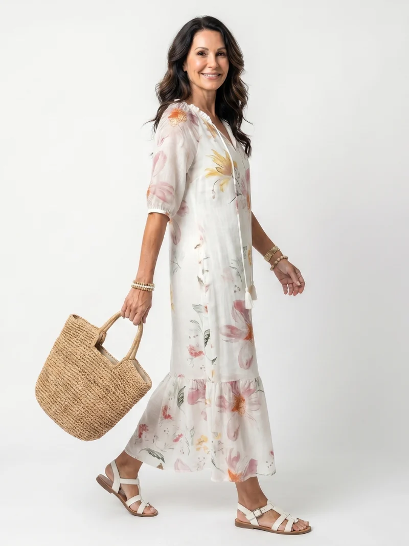 Norae | Floral Ruffle and Pom-Pom Midi Dress