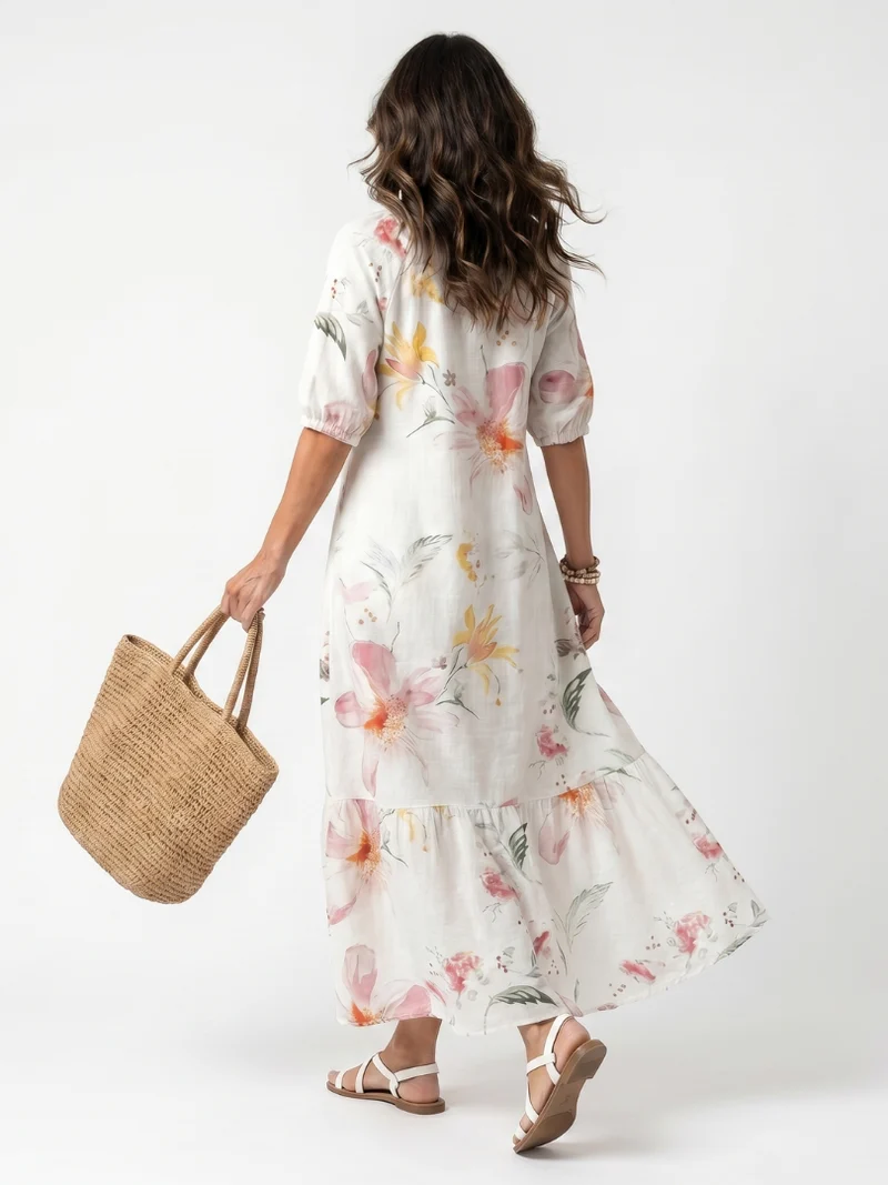 Norae | Floral Ruffle and Pom-Pom Midi Dress