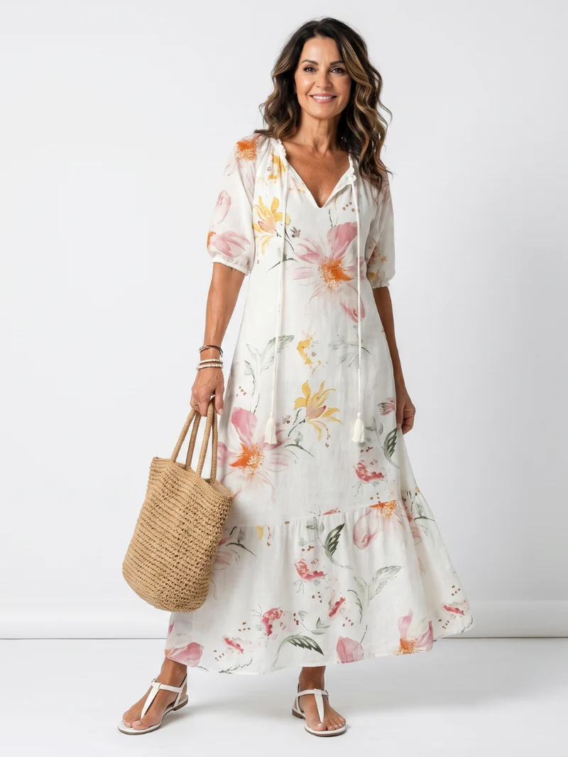 Norae | Floral Ruffle and Pom-Pom Midi Dress