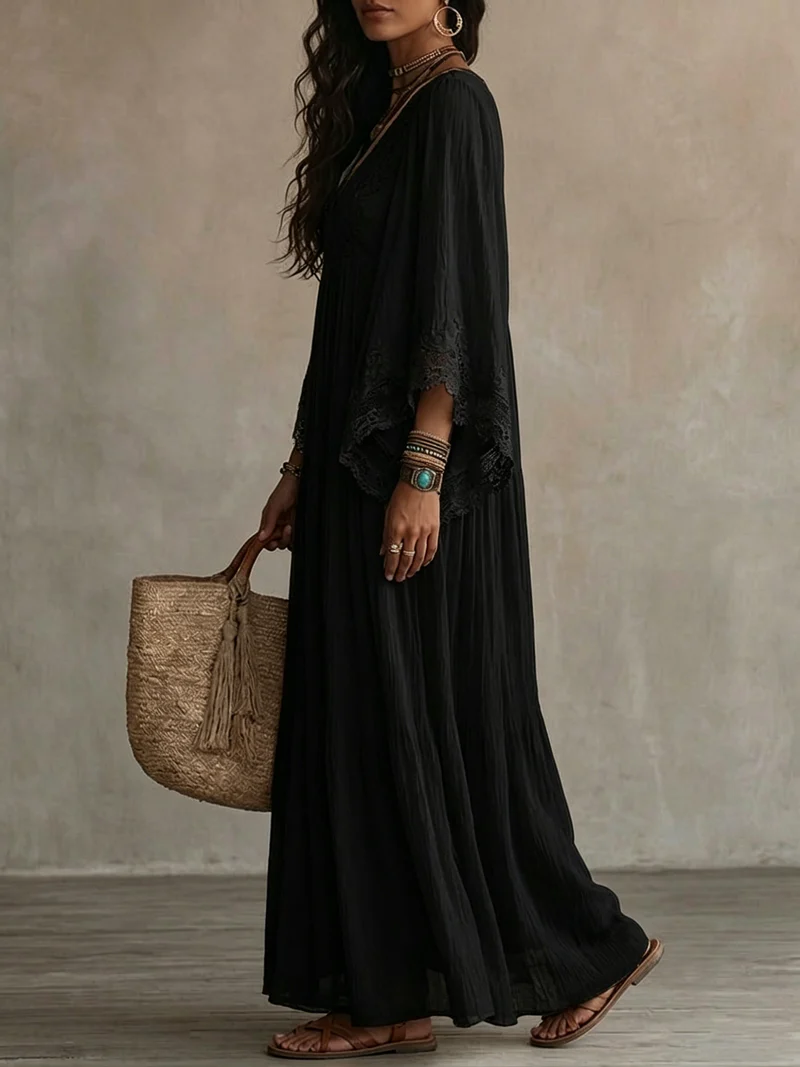 Anie | Long Dress with Batwing Sleeves and Lace