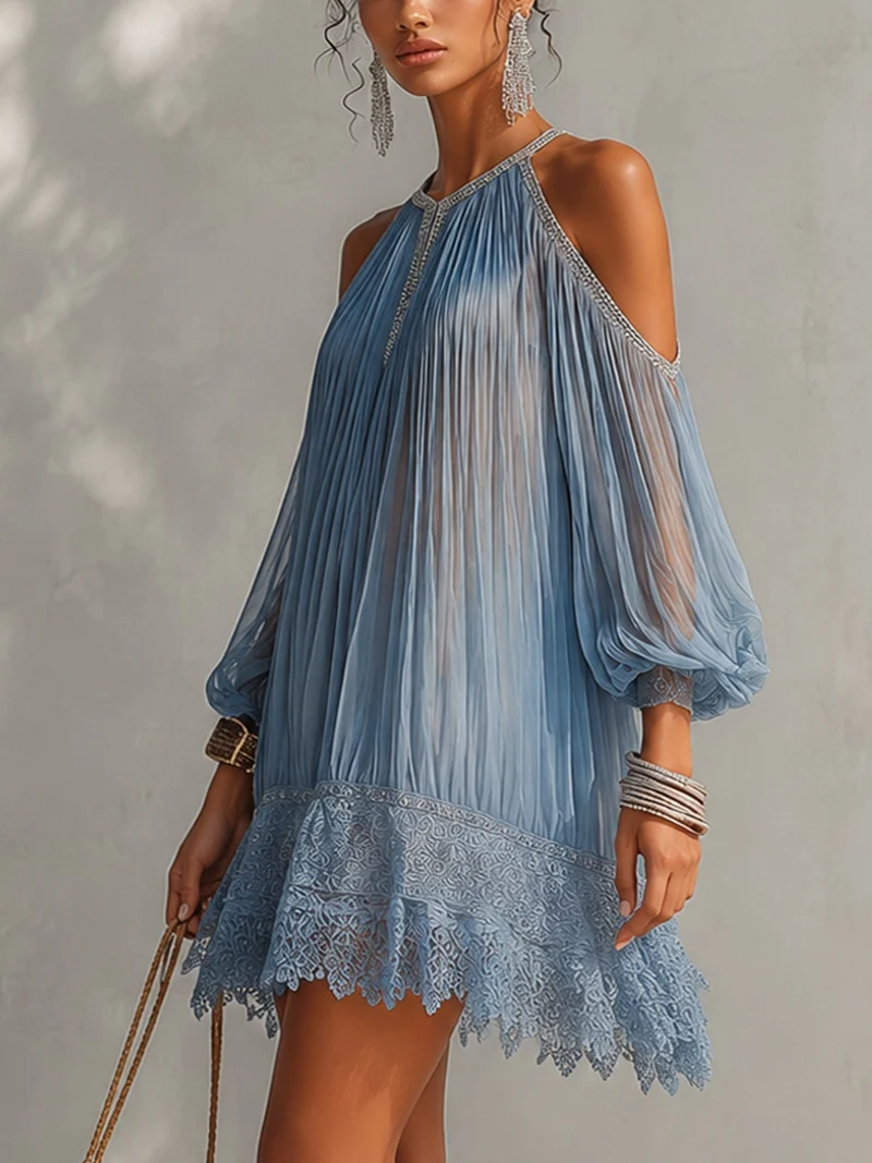 Inesia | Blue off-shoulder lace mini dress
