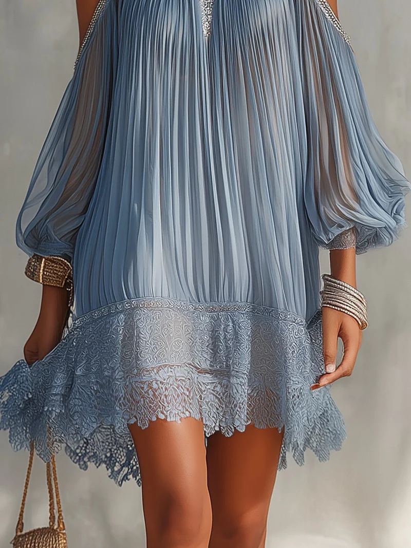 Inesia | Blue off-shoulder lace mini dress