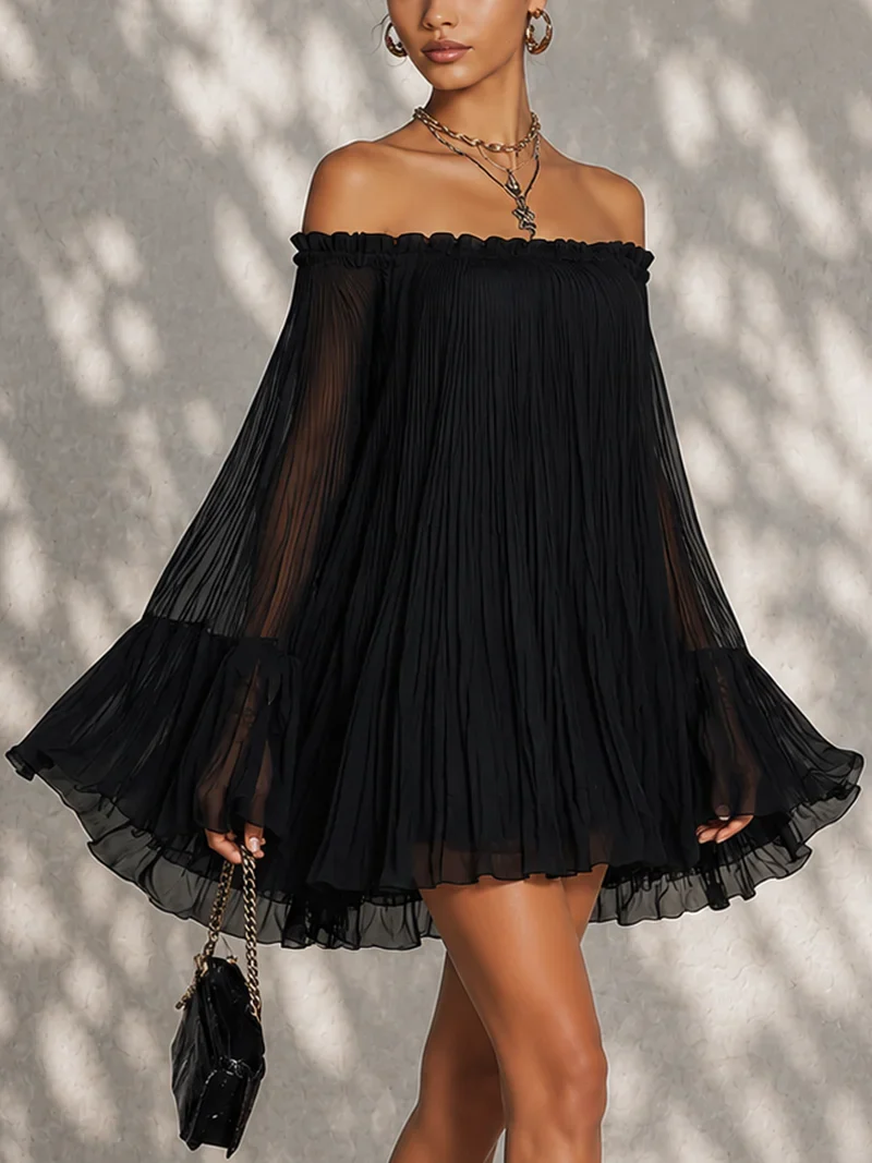 Léonie | Off-the-shoulder black mini dress with flared sleeves