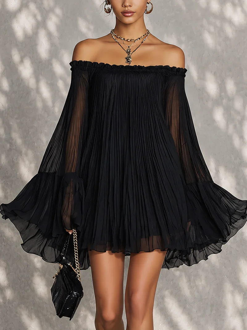 Léonie | Off-the-shoulder black mini dress with flared sleeves