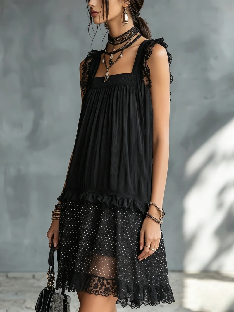 Delphy | Black lace and polka dot sheer mini dress