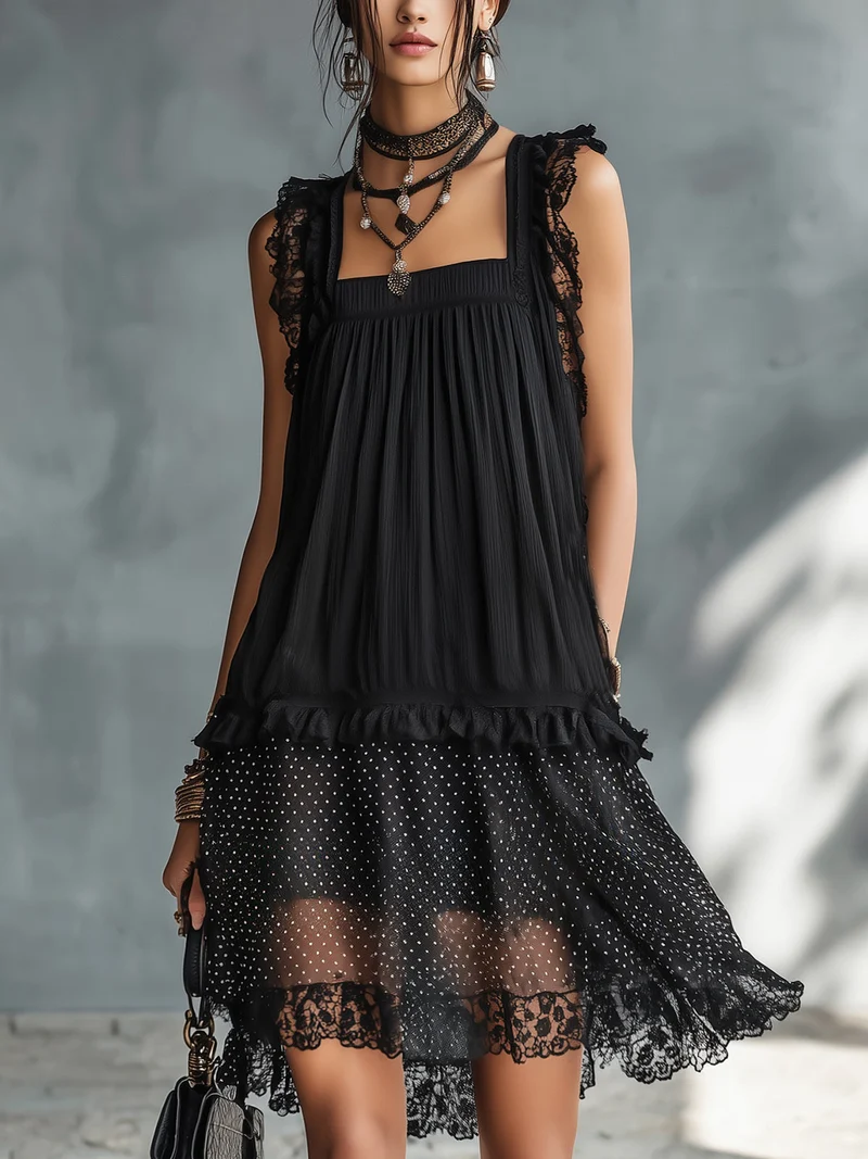Delphy | Black lace and polka dot sheer mini dress