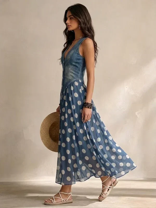 Solene | Denim dress with polka dot muslin skirt