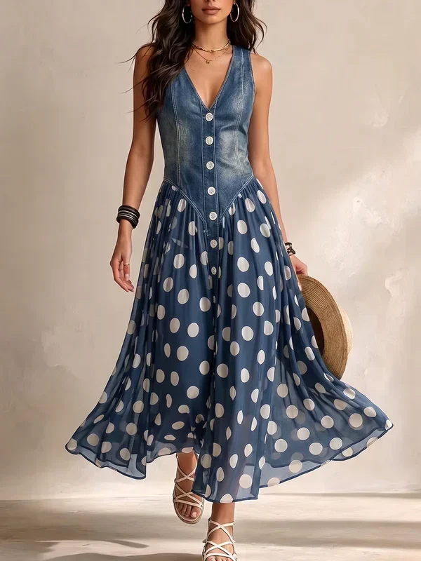 Solene | Denim dress with polka dot muslin skirt