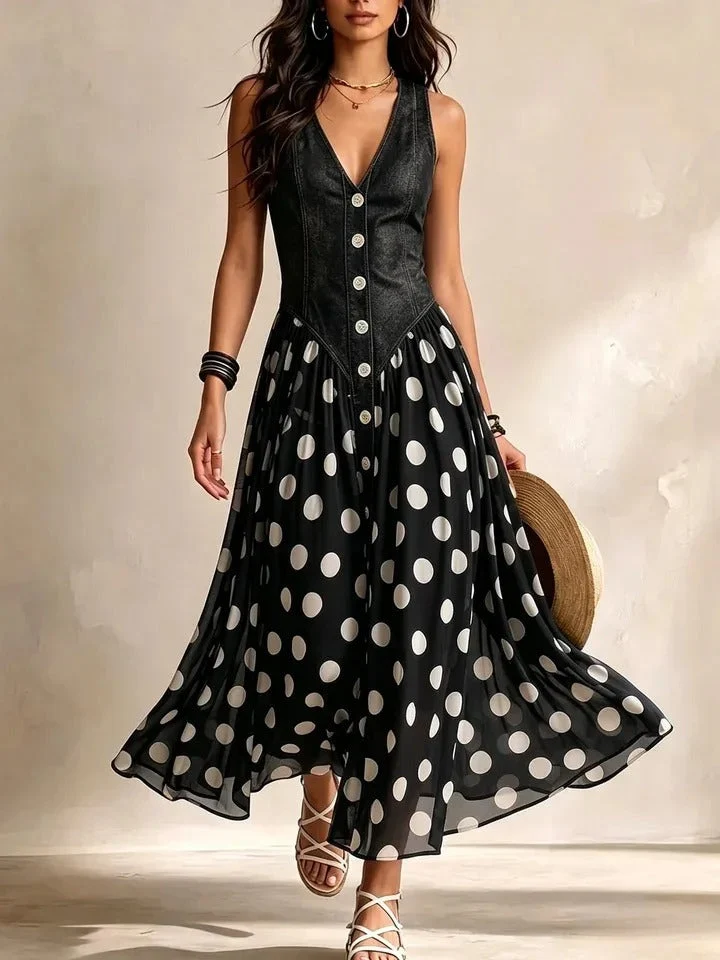 Solene | Denim dress with polka dot muslin skirt