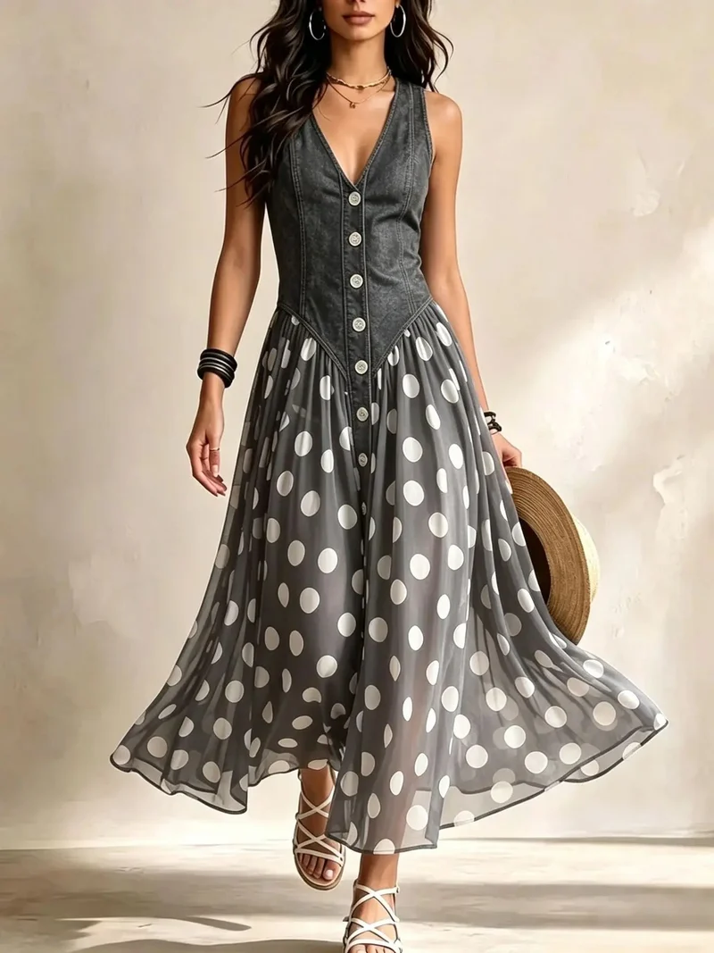 Solene | Denim dress with polka dot muslin skirt