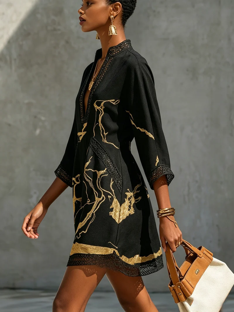 Alissa | Black and Gold Crocheted Mini Dress