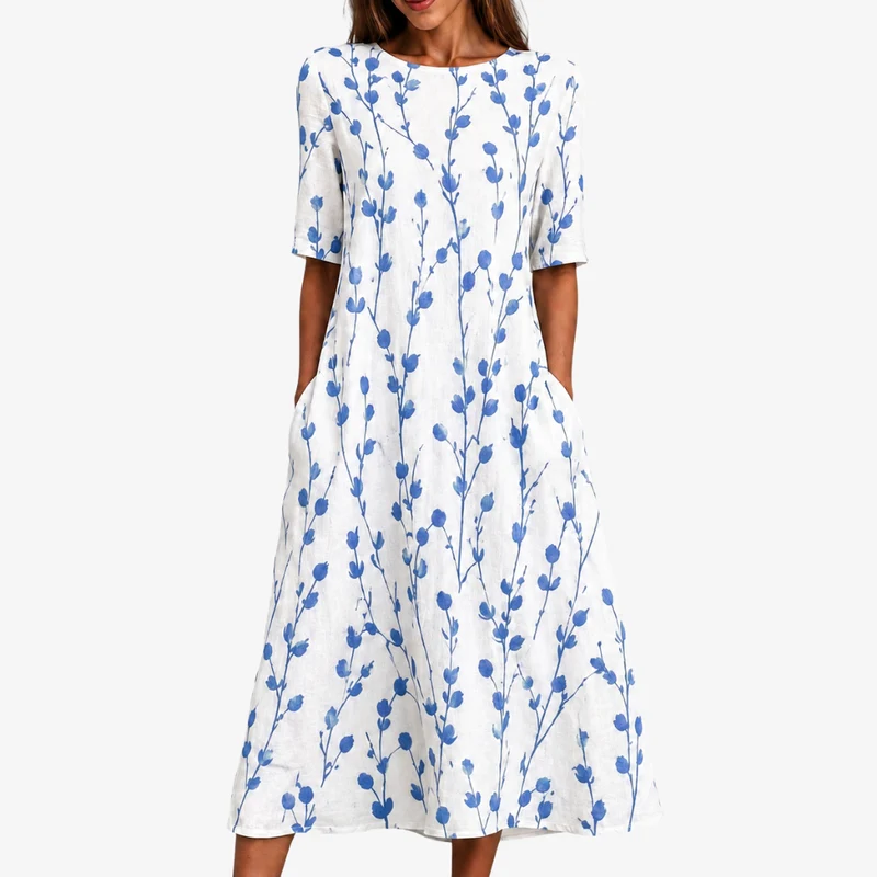 Cielo | Blue Meadow Floral Breeze Midi Dress with Pockets