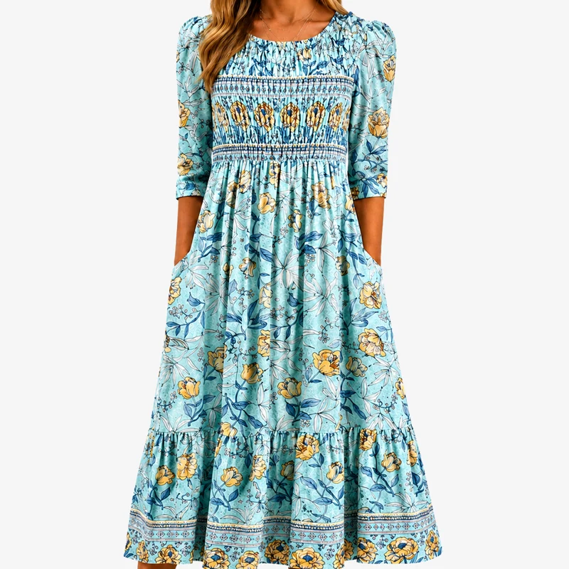 Mosai | Gold ruched garden midi dress with pockets